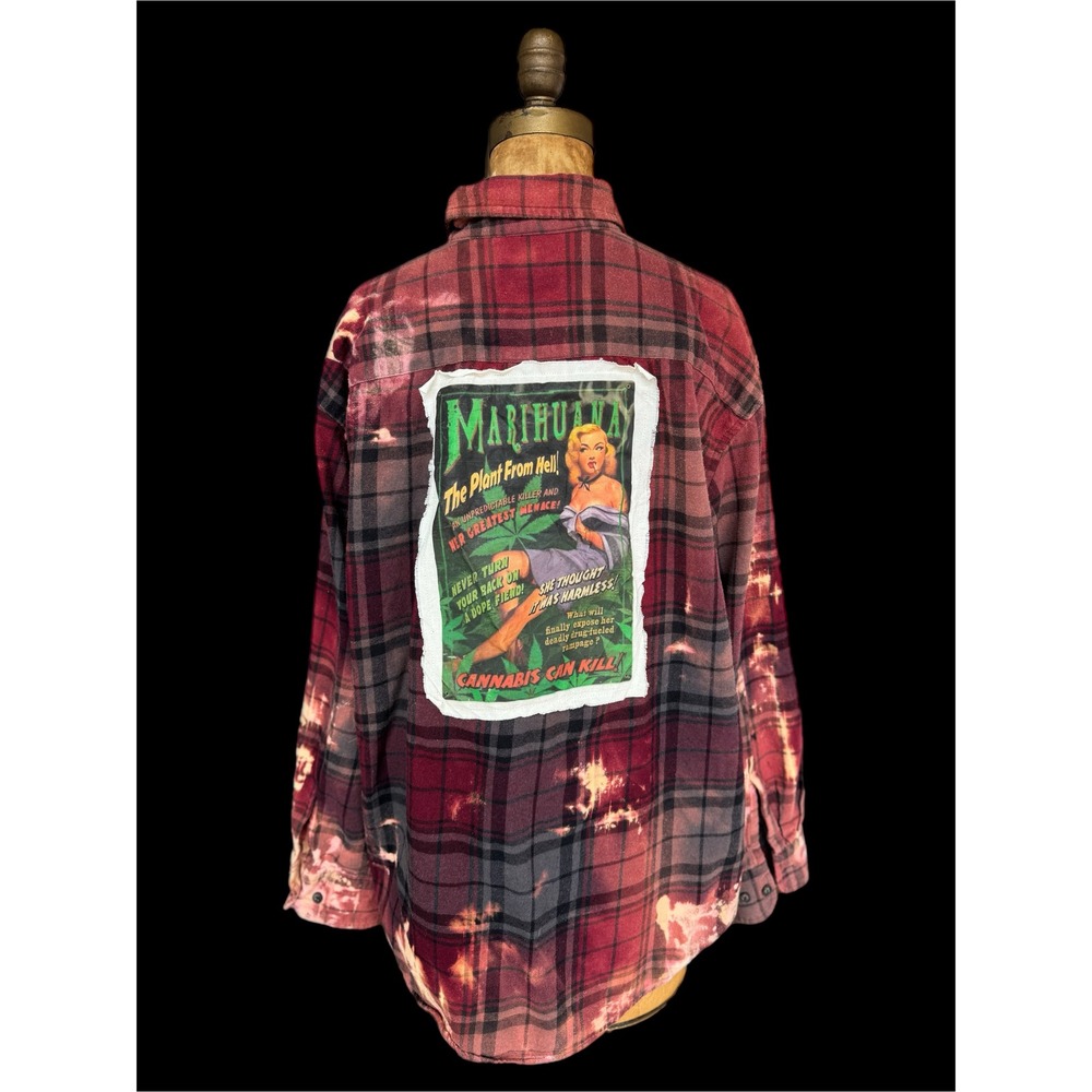 Upcycled Red Plaid Flannel Large Cannabis Patch Folk Art Shirt - Picture 2 of 7